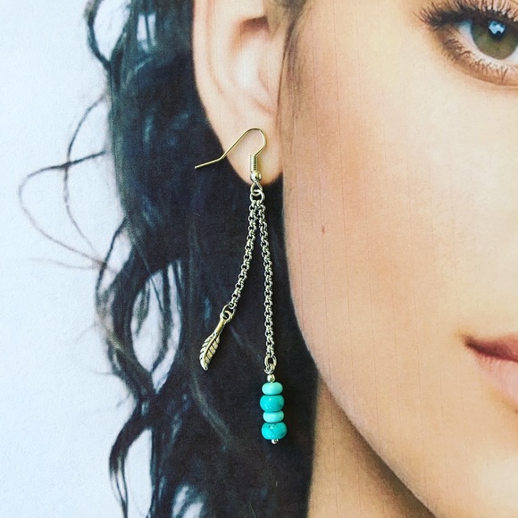 Genuine Turquoise & silver leaf dangly earrings - Picture 3 of 11